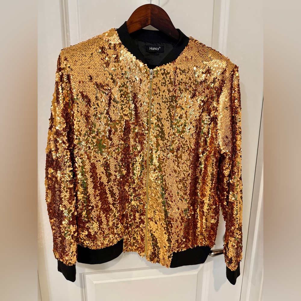 Gold Sequin Black Trim Bomber Style Jacket with Zipper